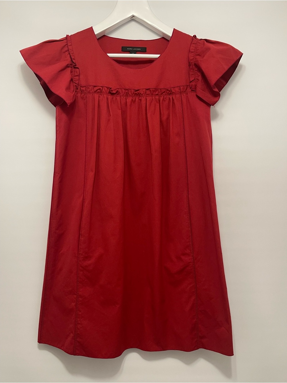 MARC JACOBS Red 100% Cotton Ruffle Flutter Sleeve Mini Dress Size 4